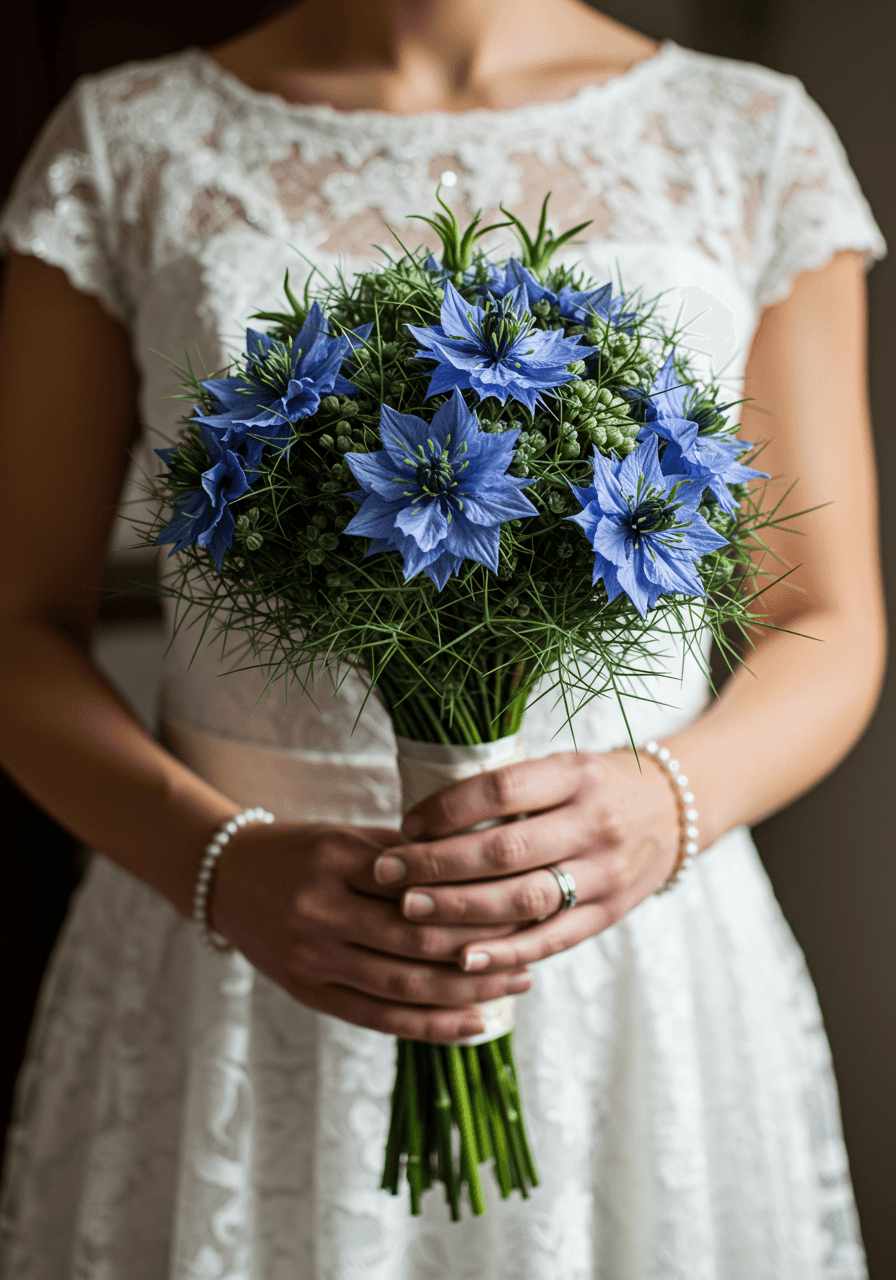 Bride's hands holding Nigella damascena bouquet in sunlit bridal suite