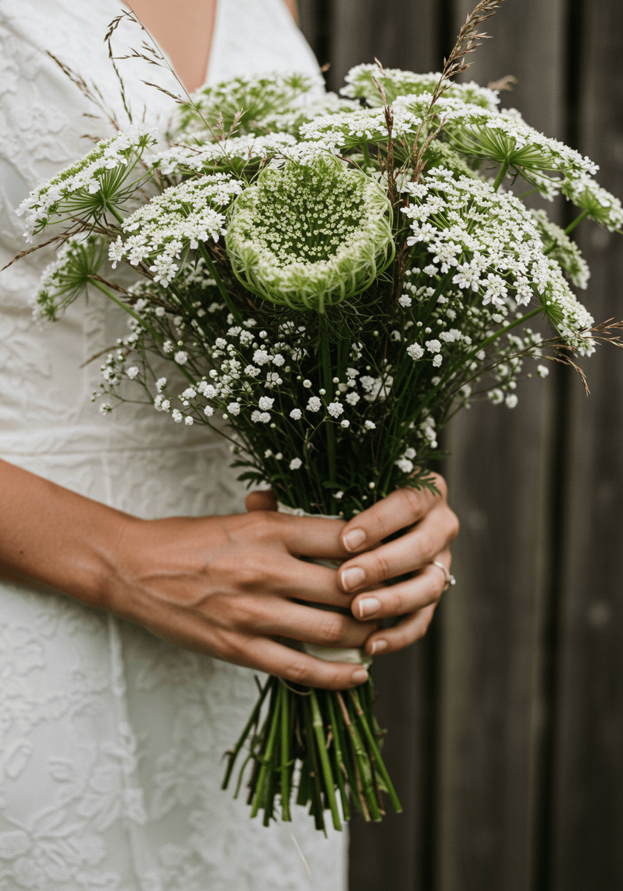 Close-up hands holding Queen Anne's lace showing intricate umbrella-shaped flower clusters