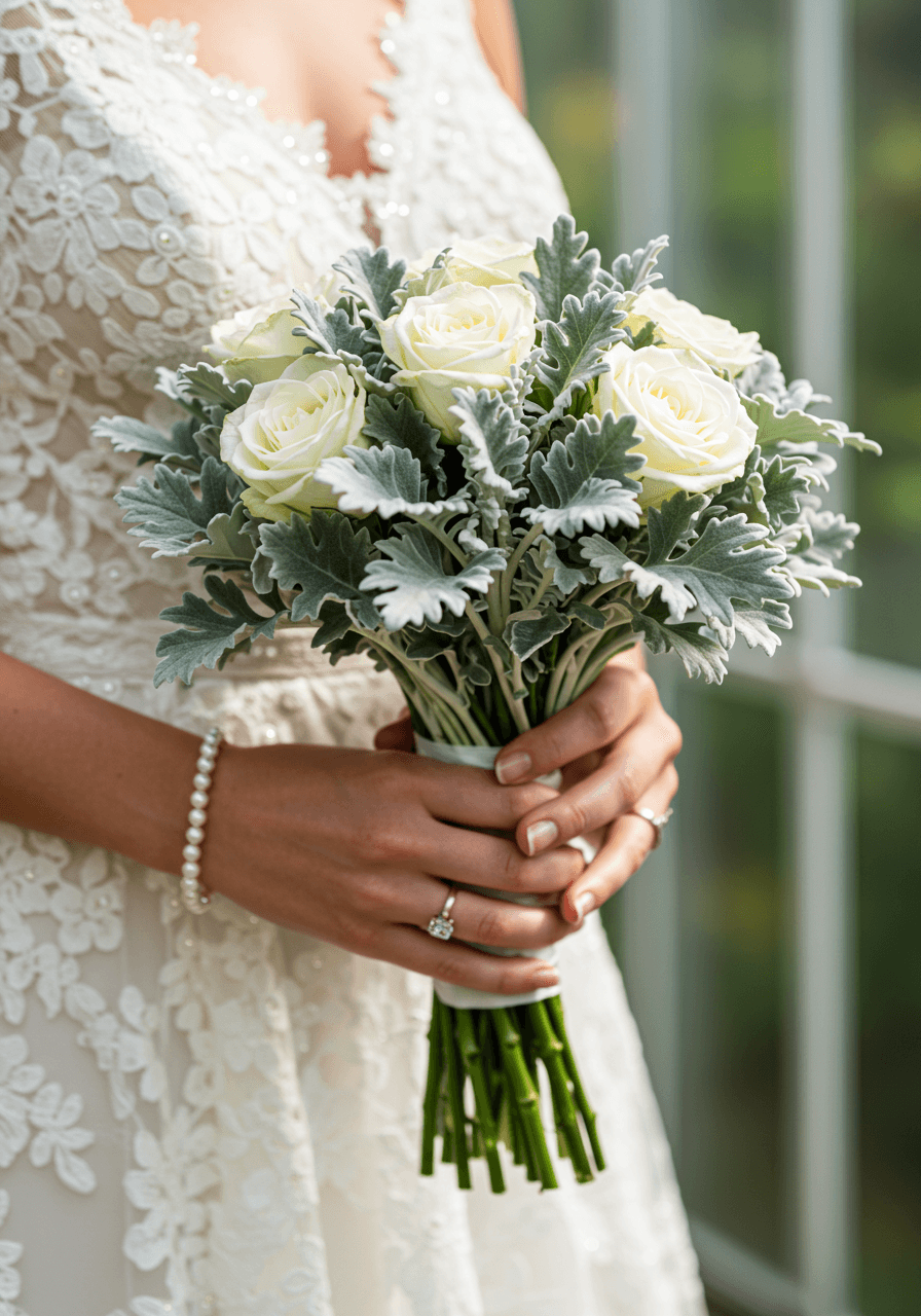 Bride holding white rose and dusty miller bouquet in sunlit conservatory with glass panels