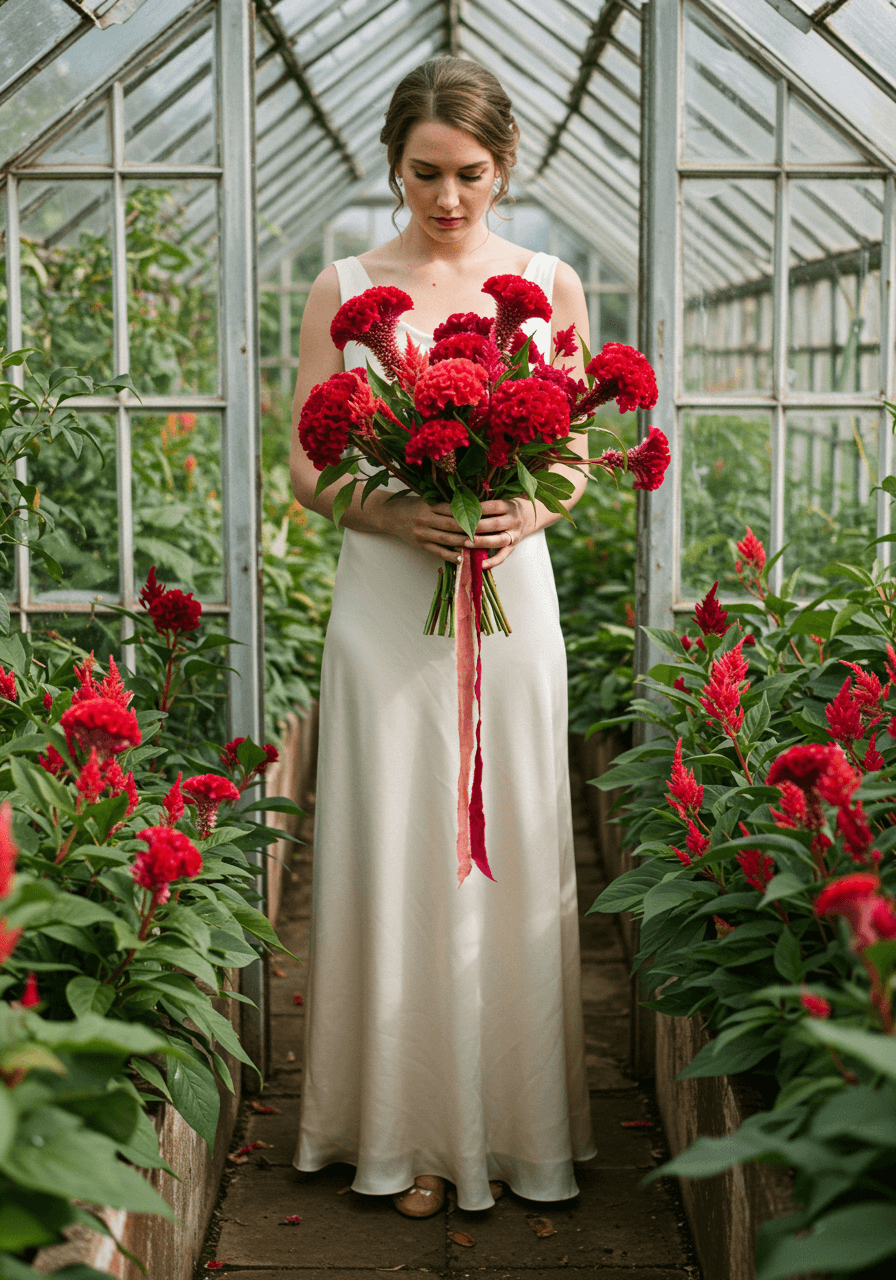 Full body shot of bride holding celosia bouquet in glass greenhouse