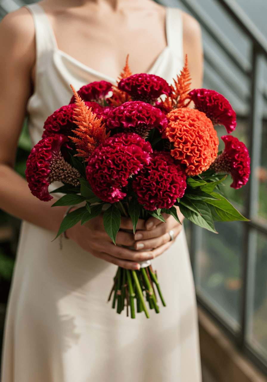 Celosia bouquet with velvety cockscomb texture in sunlit conservatory