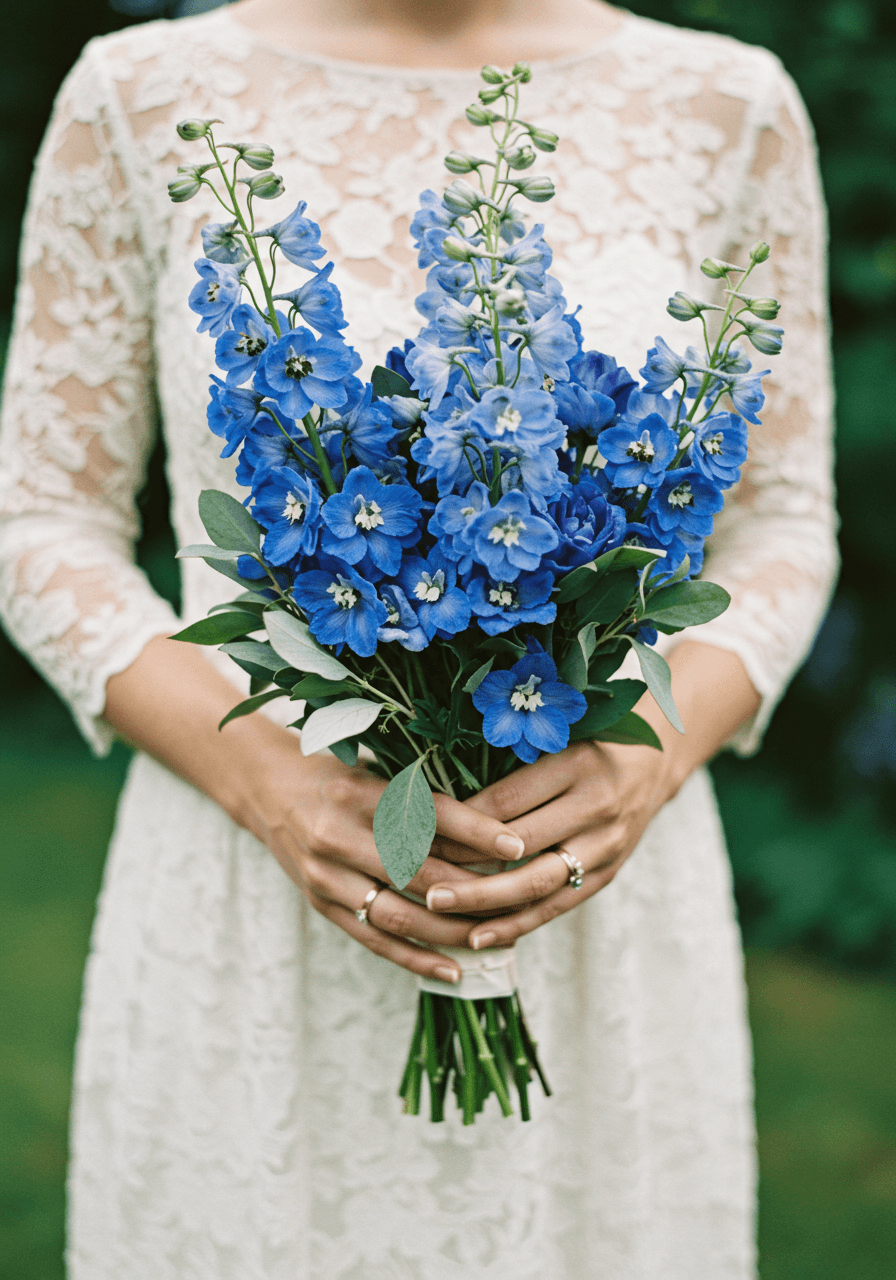 Bride holding blue delphinium spire bouquet in romantic garden setting with morning light