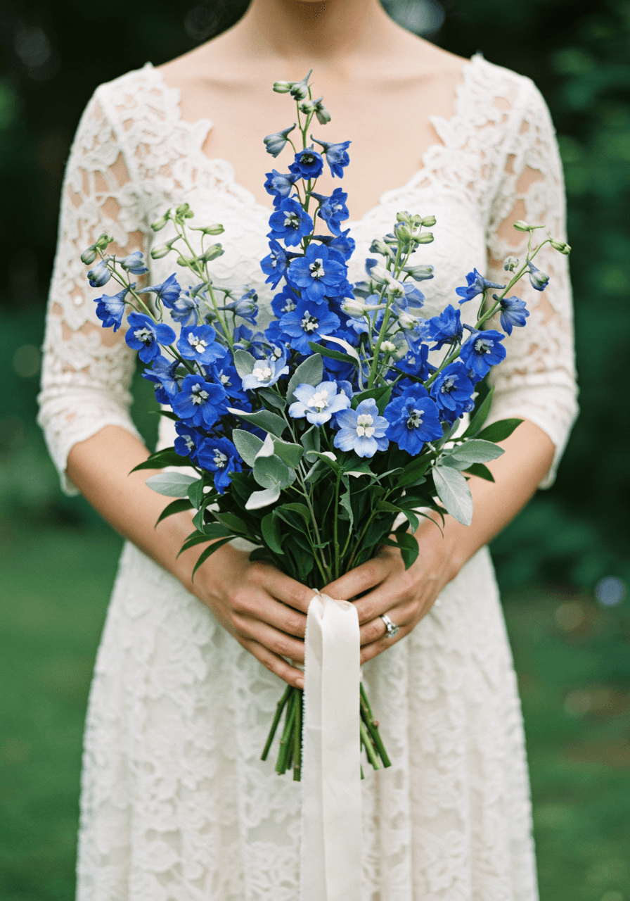 Overhead view of delphinium spires creating dramatic vertical lines in bridal bouquet