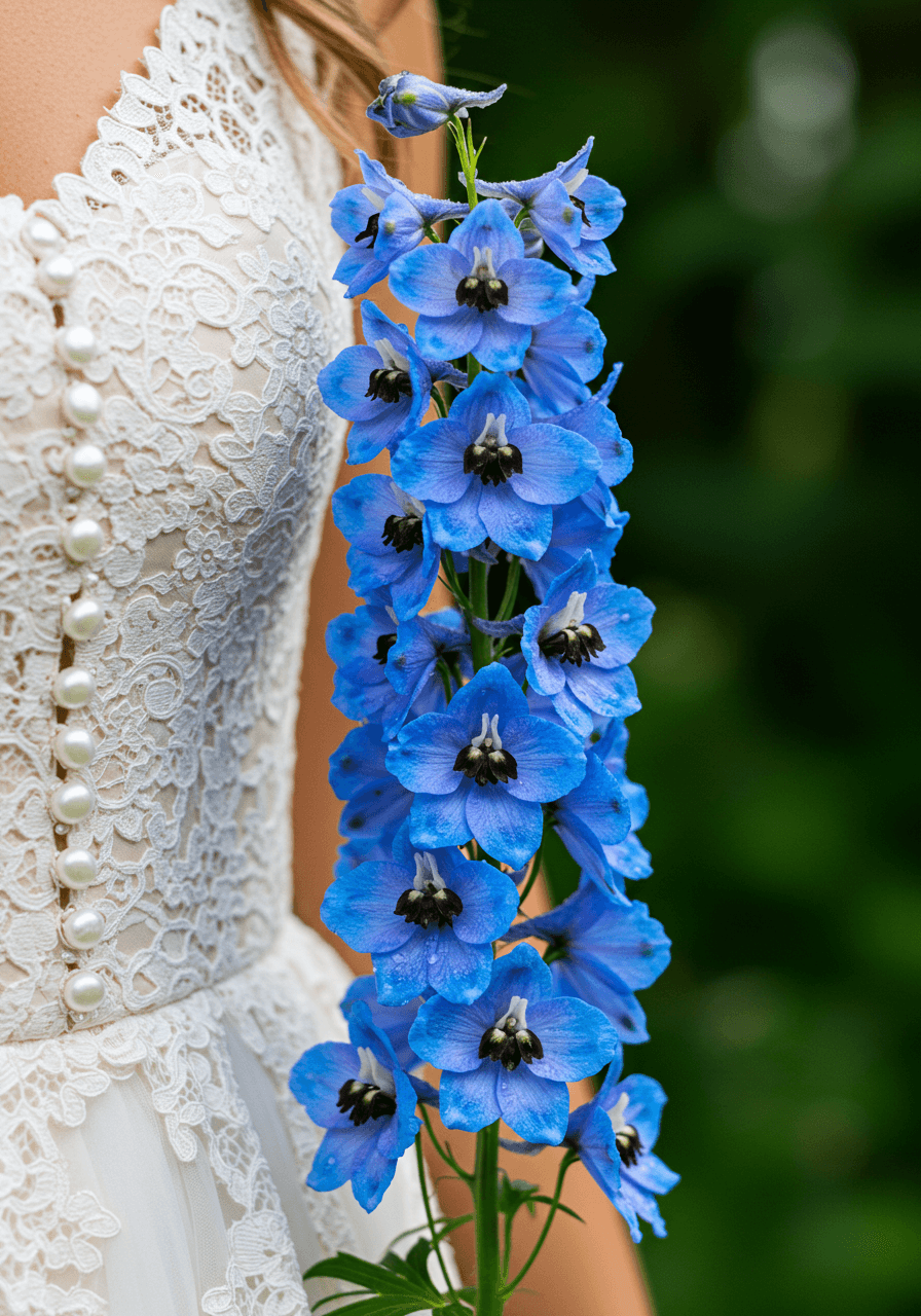Macro detail of single delphinium stem with blue flowers against ivory lace bridal bodice