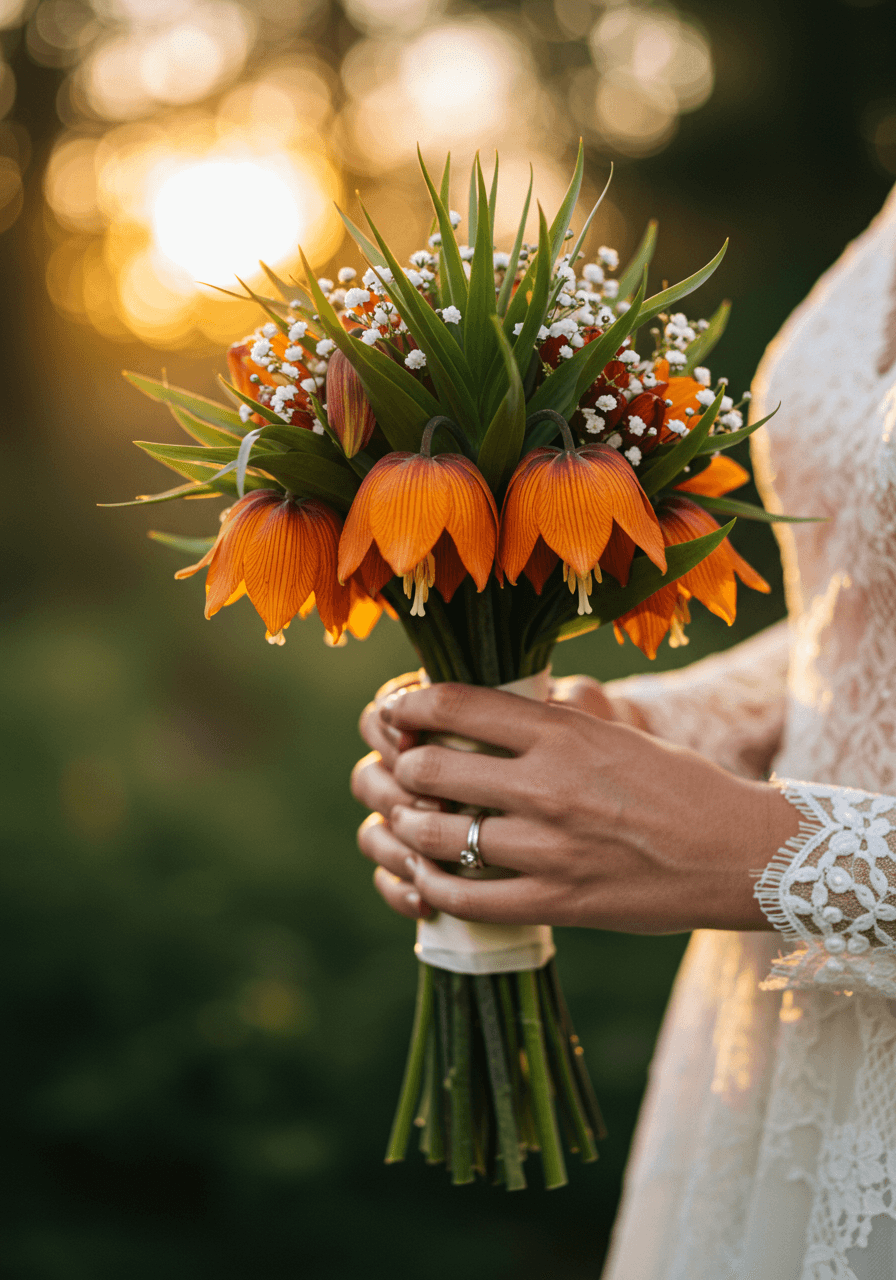 Dramatic wedding bouquet featuring checkered crown imperial fritillaria flowers