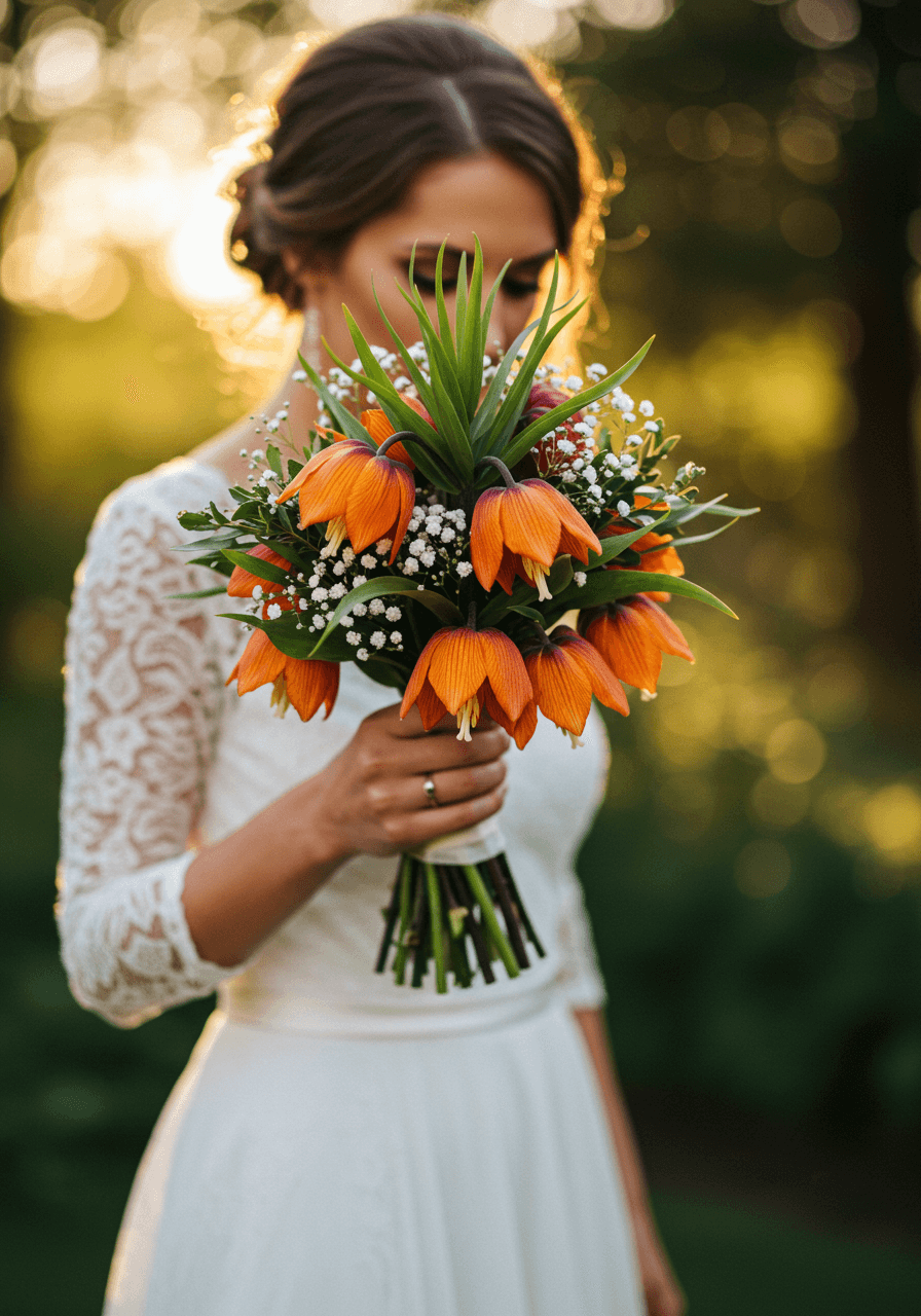 Bride gracefully lifting fritillaria bouquet with distinctive checkered petals