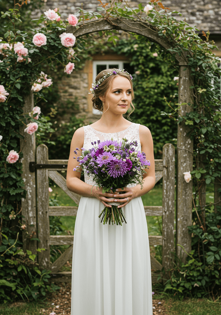Full shot of bride with scabiosa bouquet in cottage garden setting