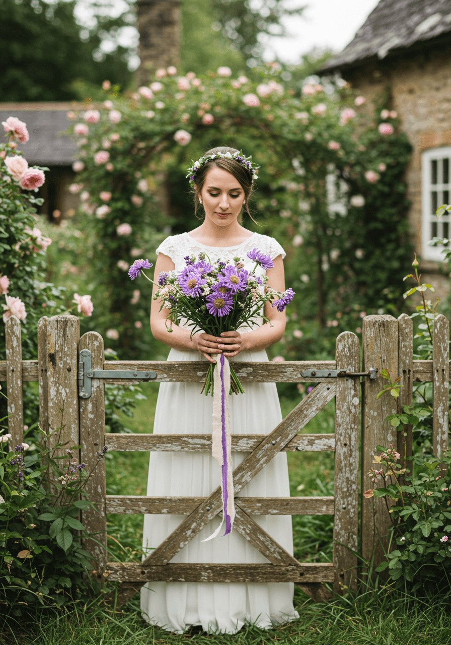 Bride holding purple scabiosa bouquet in charming cottage garden with picket fence