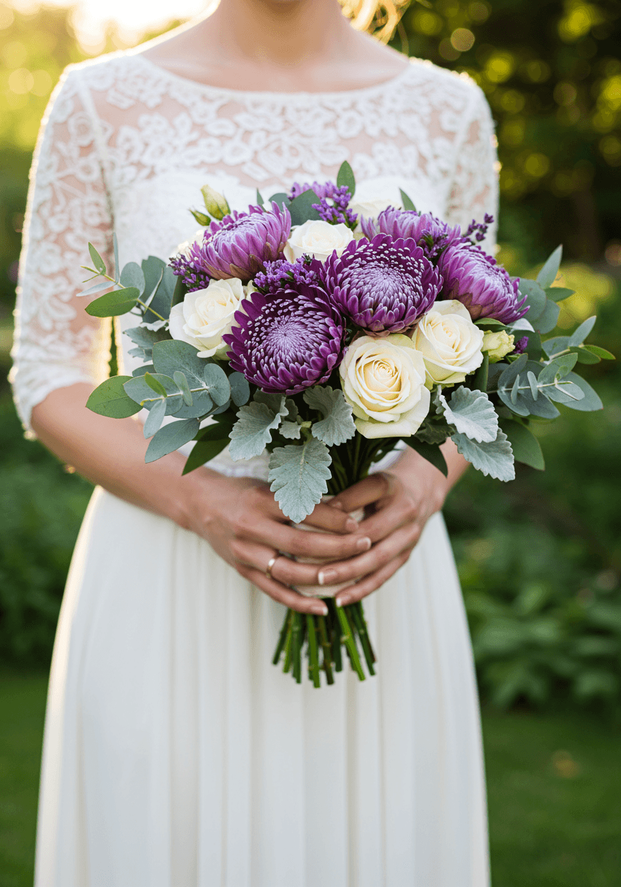 Bride's hands holding scabiosa bouquet with distinctive pin-cushion centres in golden hour light
