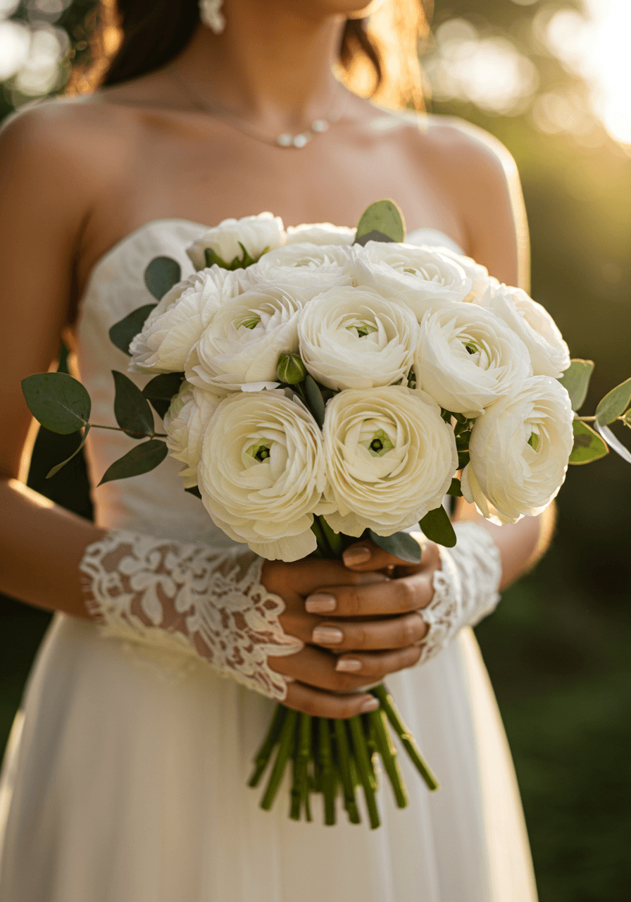 White ranunculus flowers with paper-thin layered petals in sunlit garden pavilion