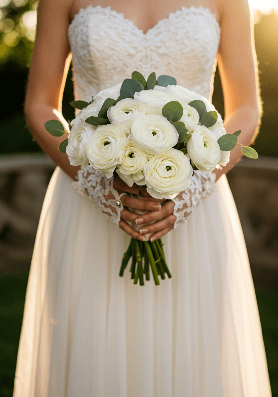 Wide shot of ranunculus arrangement in garden pavilion setting