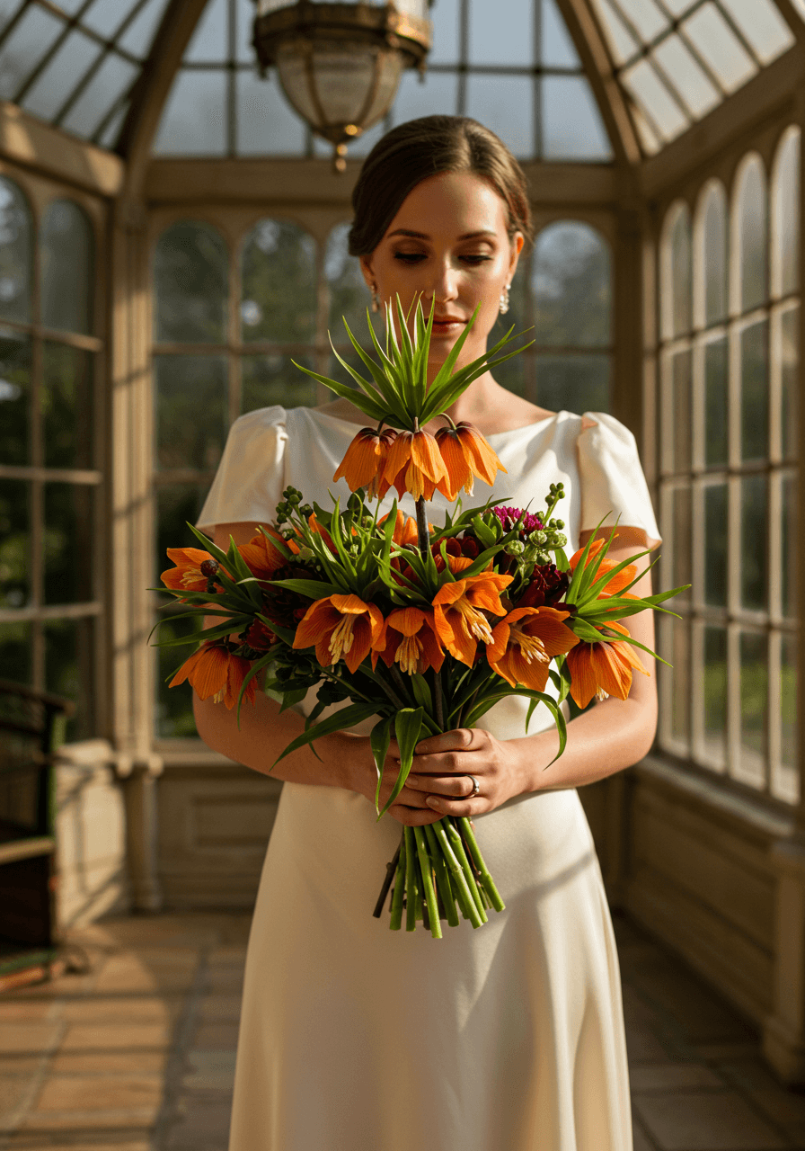 Overhead view of fritillaria bouquet in conservatory setting