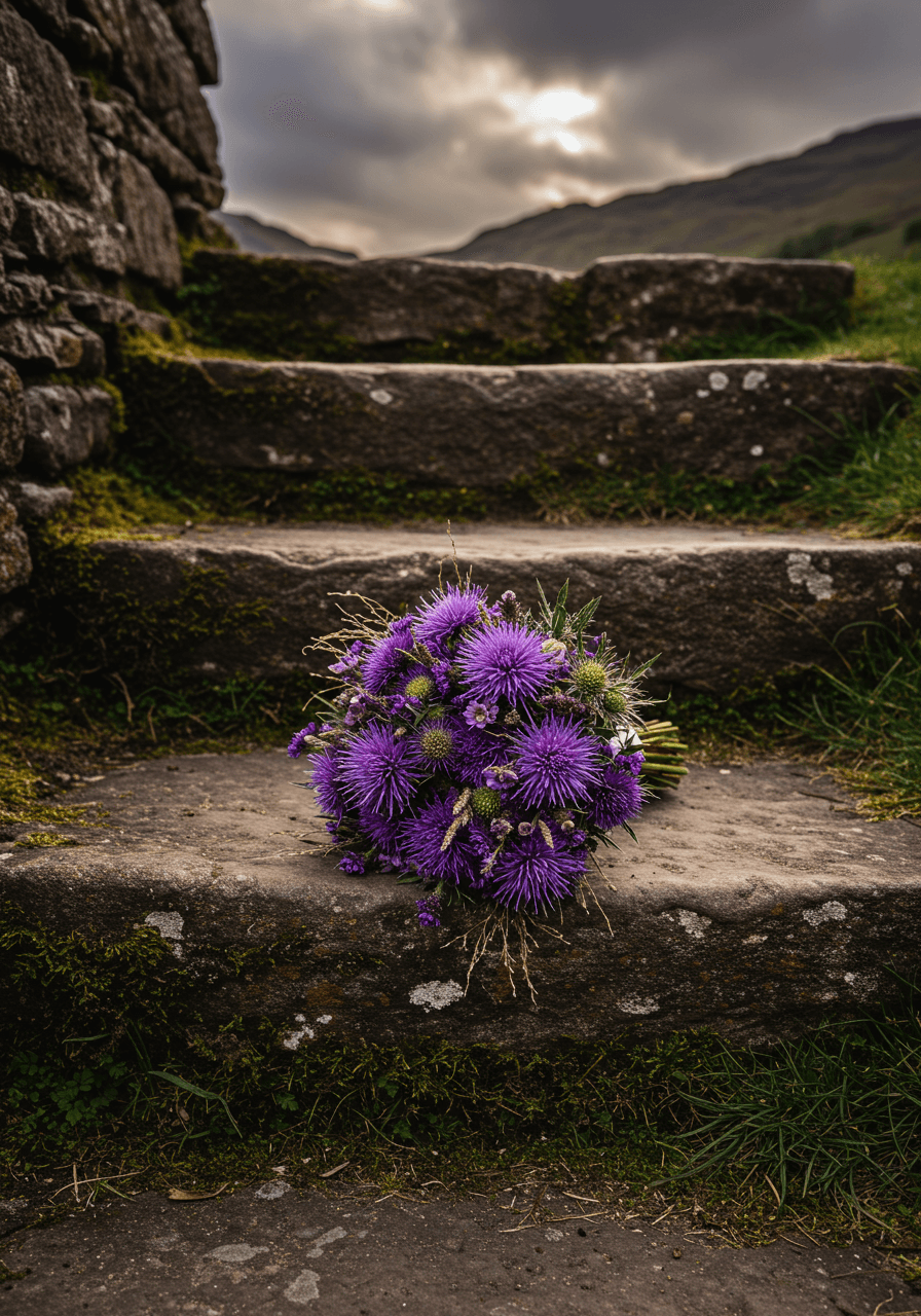 Purple Scottish thistle bouquet on weathered castle steps with Highland backdrop