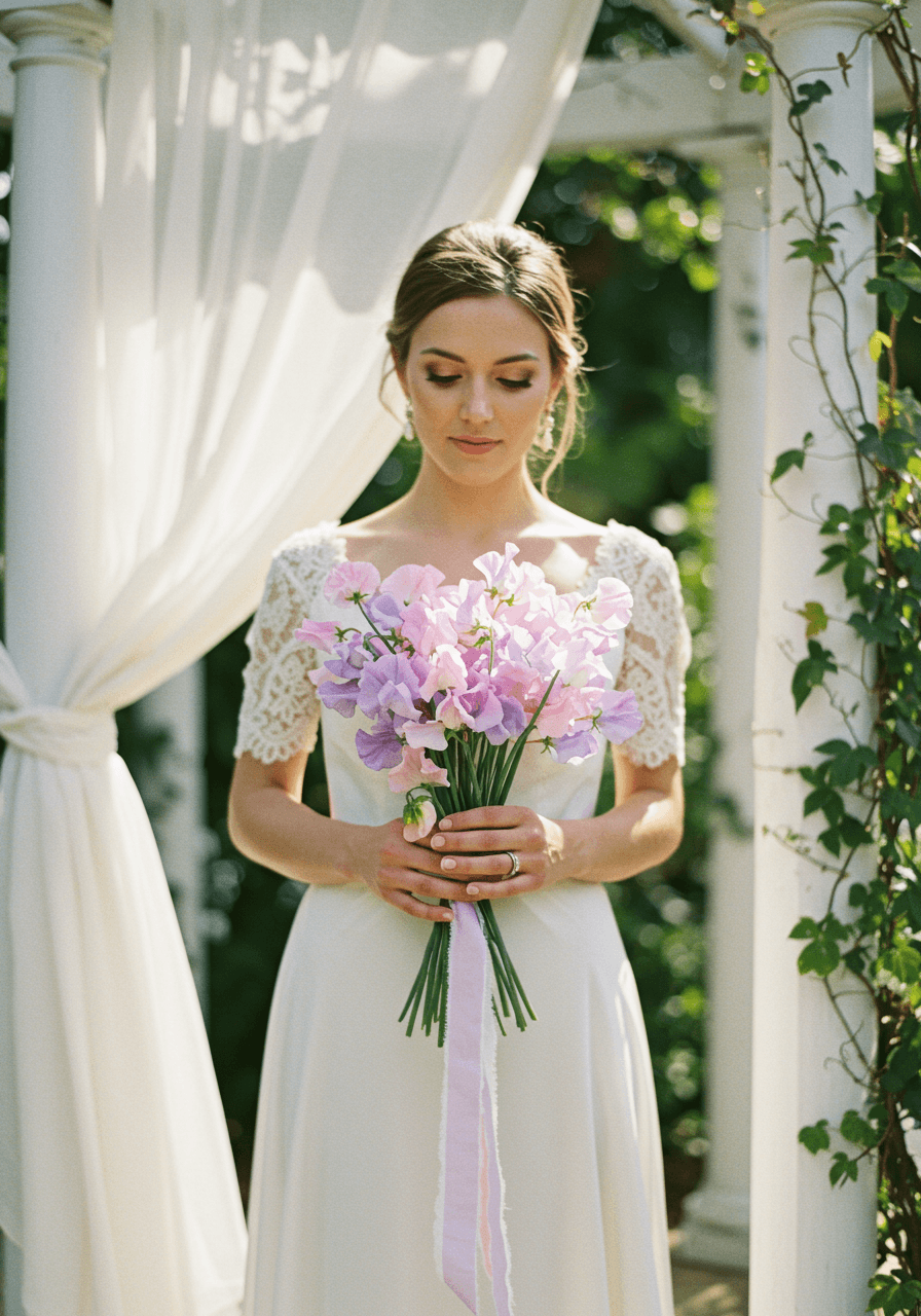 Bride holding sweet pea bouquet in sunlit garden gazebo during golden hour