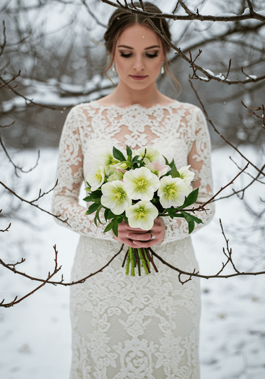 Bride holding hellebore bouquet in snow-dusted winter garden with bare trees