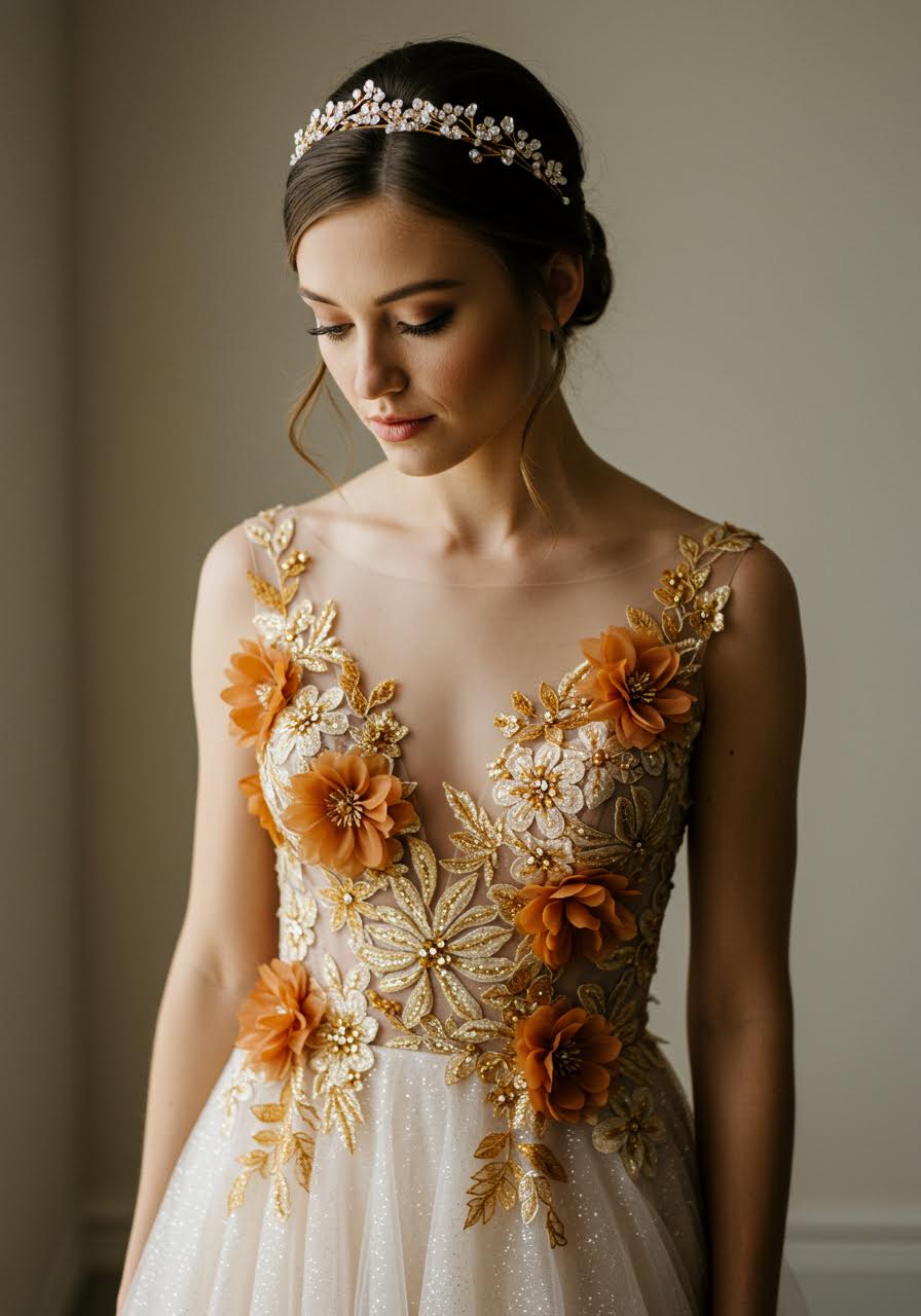 Macro detail of amber sunstone beadwork and floral elements on A-line wedding dress
