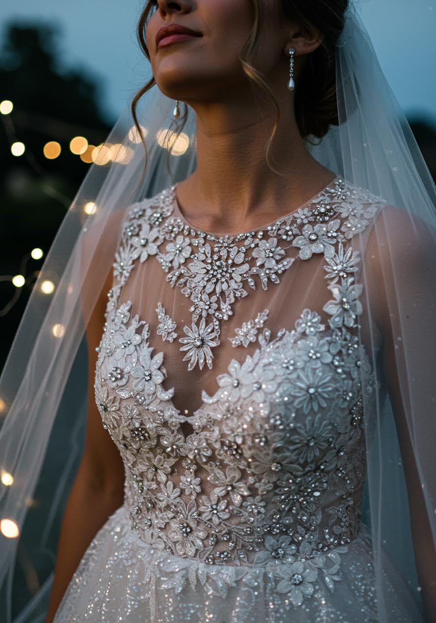 Close-up of bride's hands and dress details with fairy lights creating magical ambiance