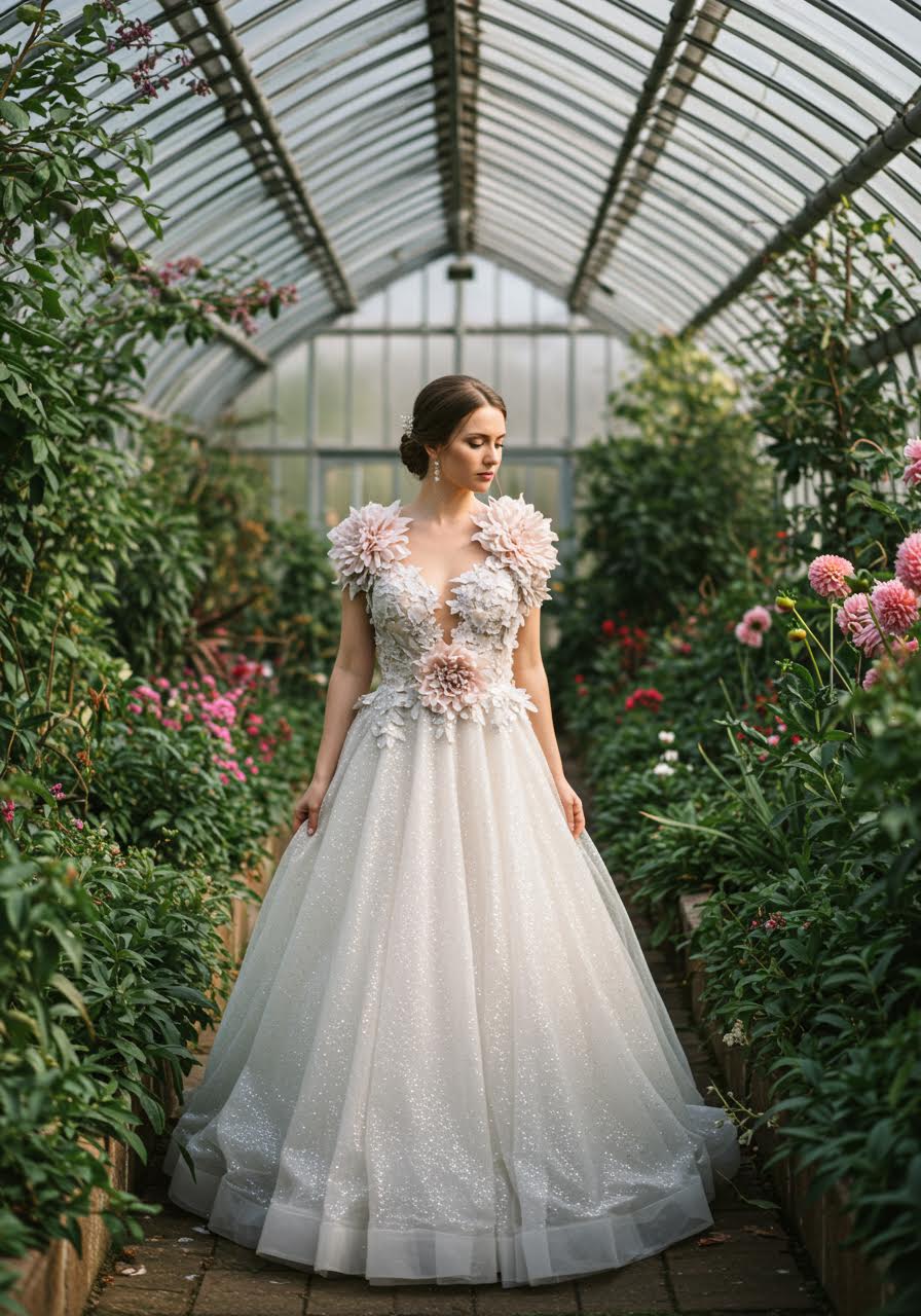 Portrait of bride in dramatic dahlia-inspired gown within glass conservatory setting