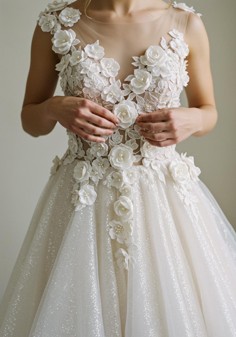 Artistic studio portrait of bride touching floral elements on dress with creative lighting
