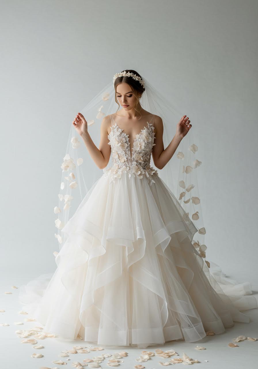 Full-body shot of bride adjusting veil while wearing flowing ethereal gown