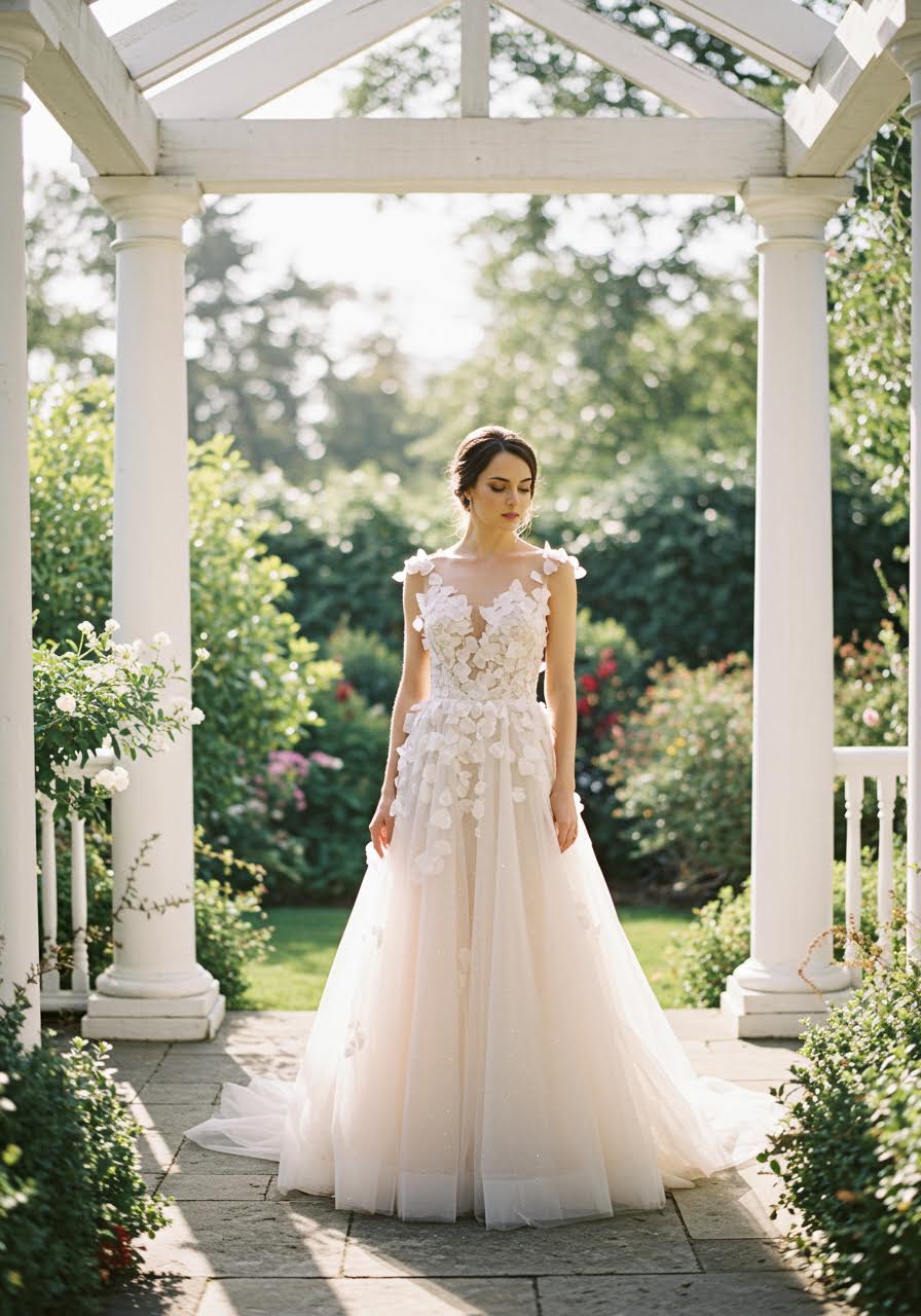 Ethereal bride in delicate petal gown standing in garden pavilion during golden hour