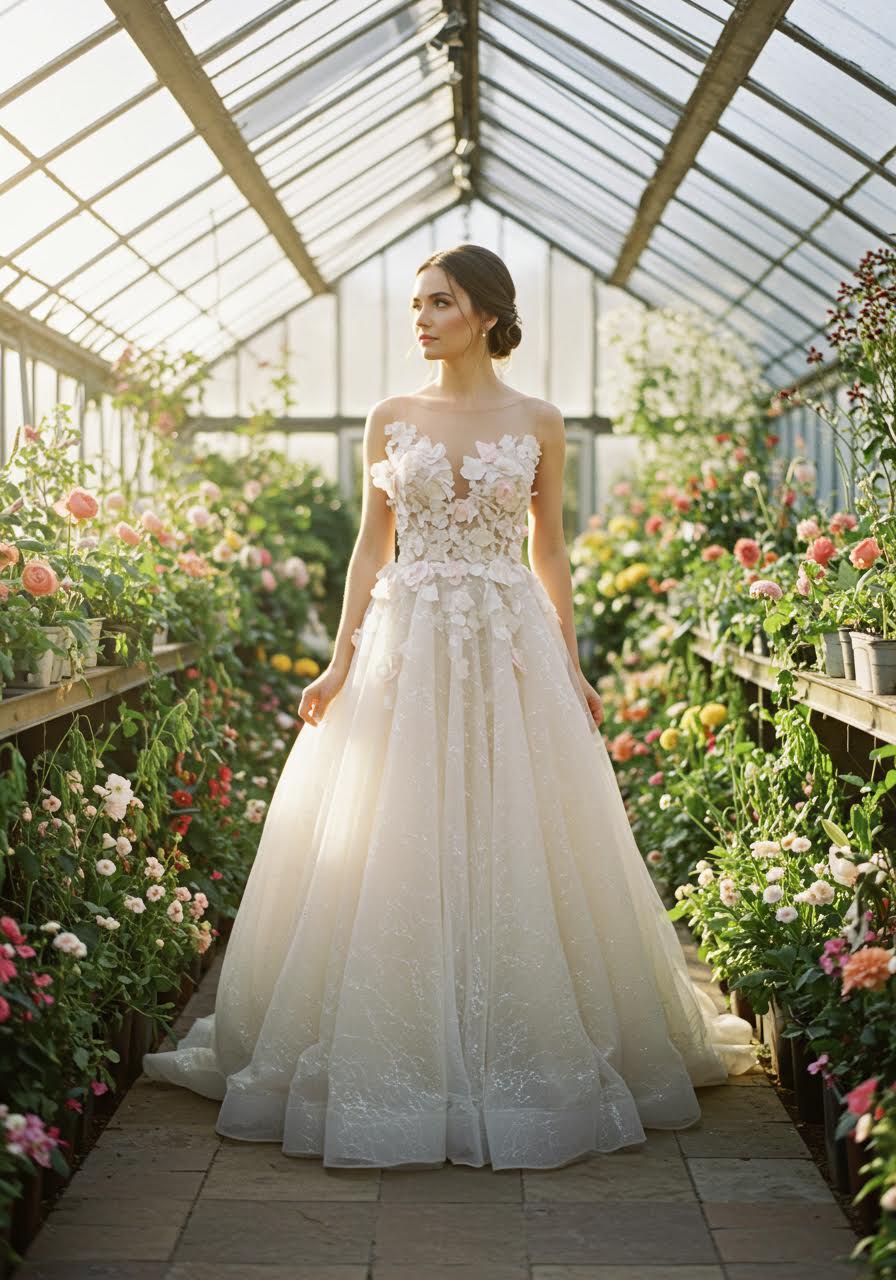 Wide-angle dreamy shot of bride in conservatory with atmospheric floral gown styling