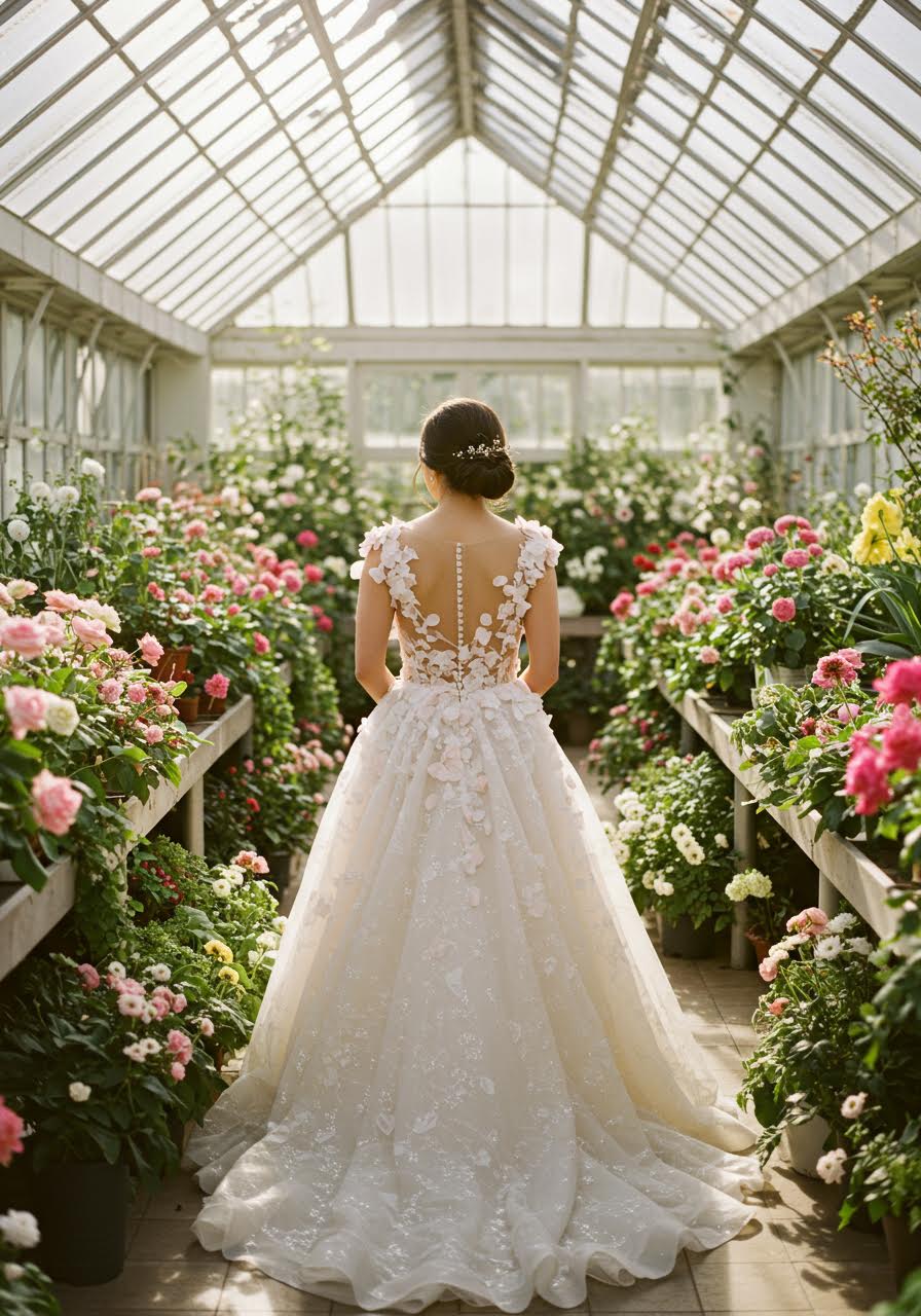 Ethereal bride in conservatory with seasonal floral gown design and botanical surroundings