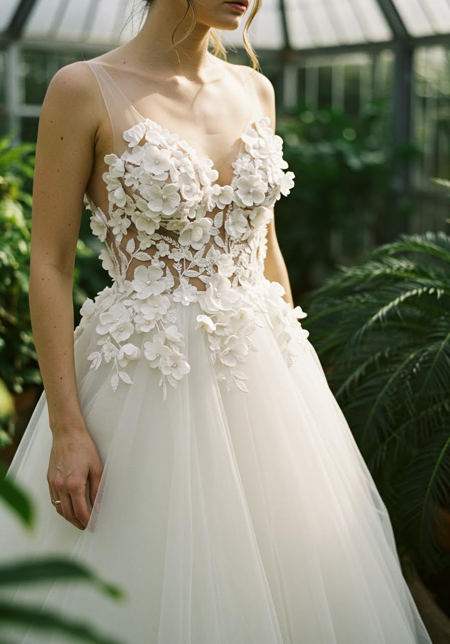 Low-angle botanical portrait of bride in conservatory with dramatic floral details