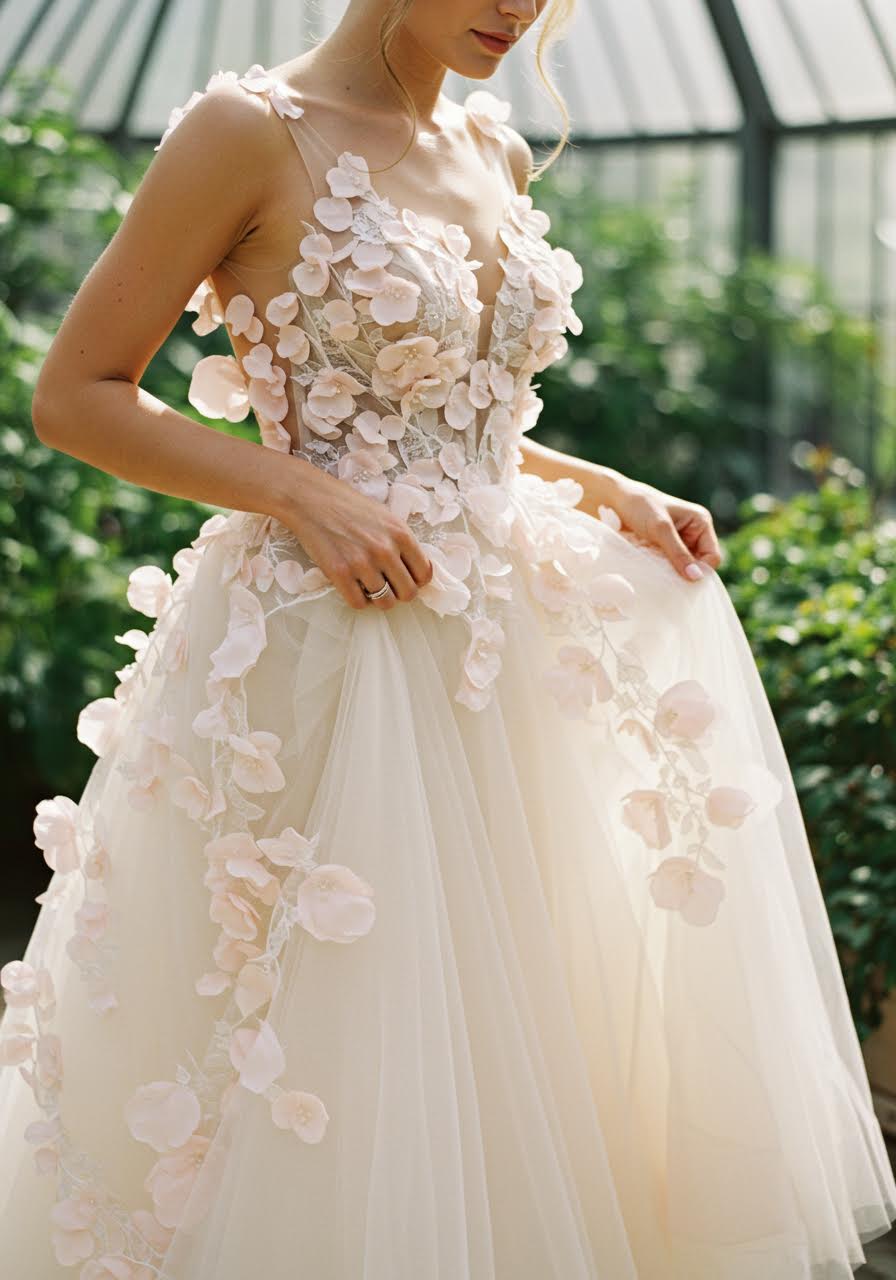 Detail shot of bride adjusting flowing skirt with cascading floral elements