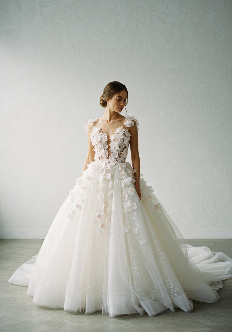 Portrait of bride in voluminous floral ballgown with dramatic botanical appliqués