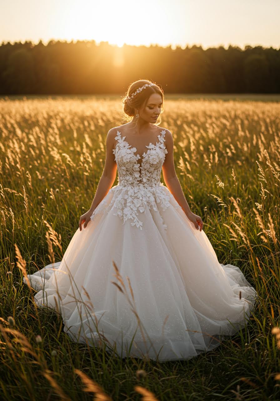 Garden bride in meadow setting during sunset with wildflower-inspired gown details