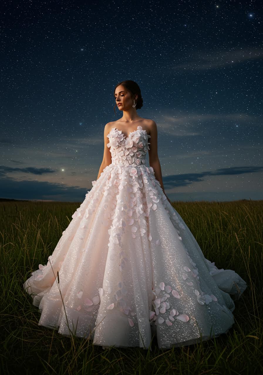 Bride in flowing gown standing in conservatory during golden hour with natural lighting