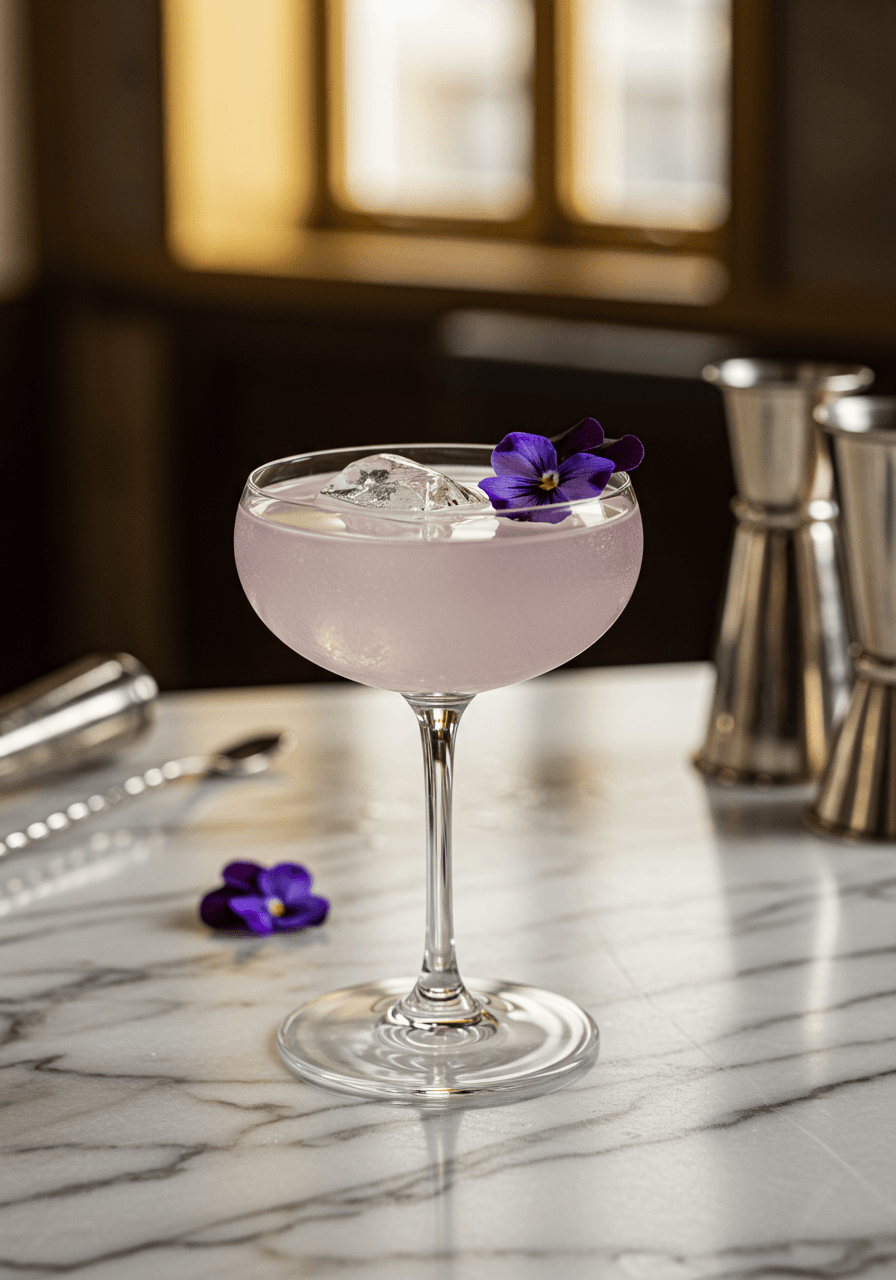 Classic Aviation cocktail with crème de violette in elegant coupe glass garnished with fresh violet on marble bar at golden hour