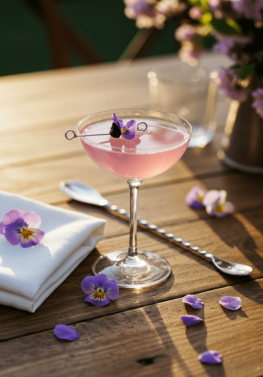 Aerial view of Aviation cocktail showing pale purple liquid with vintage silver spoon and fresh spring flowers on white linen