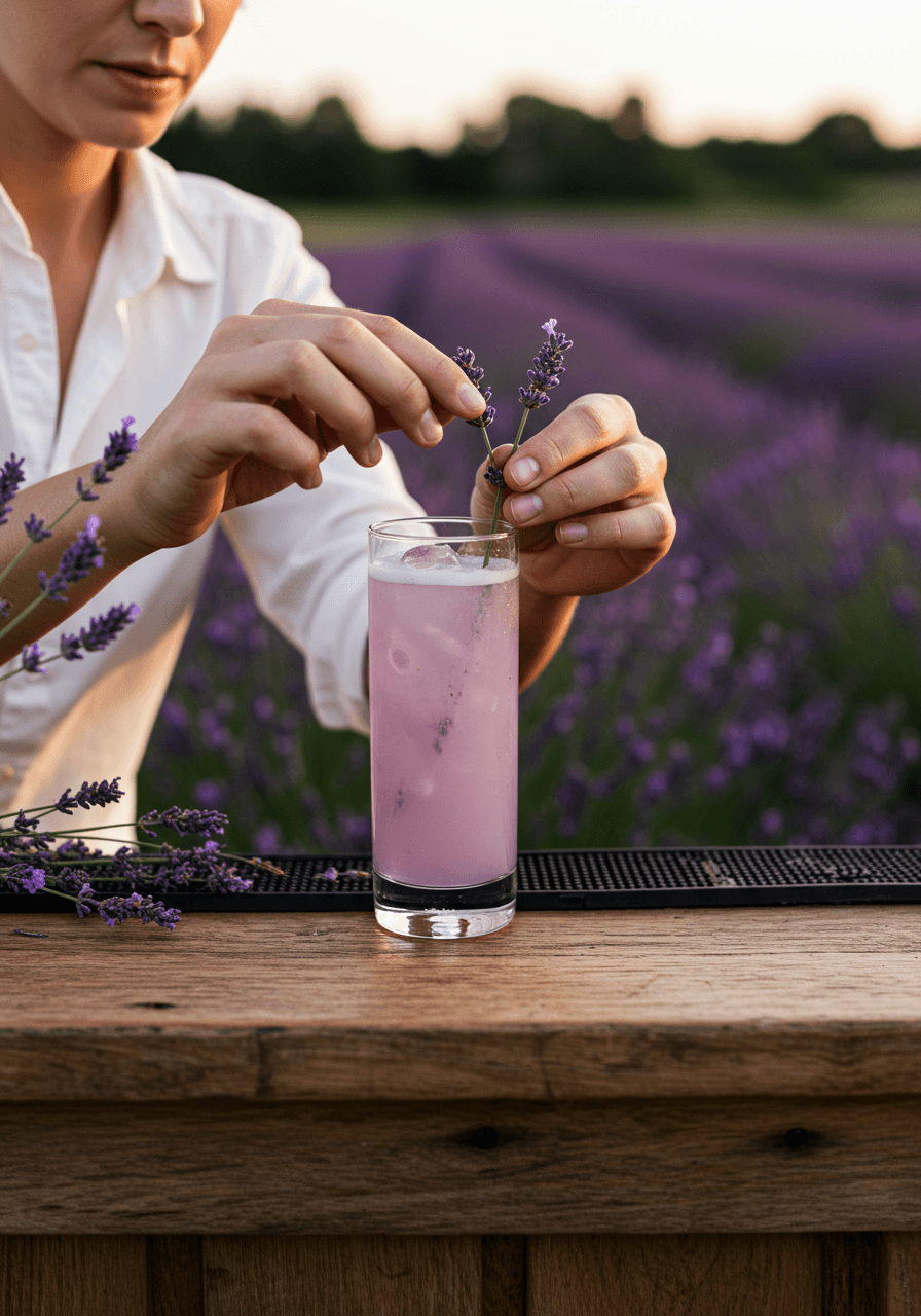 Close-up of bartender garnishing lavender cocktail with fresh purple lavender blooms in garden wedding setting at dusk