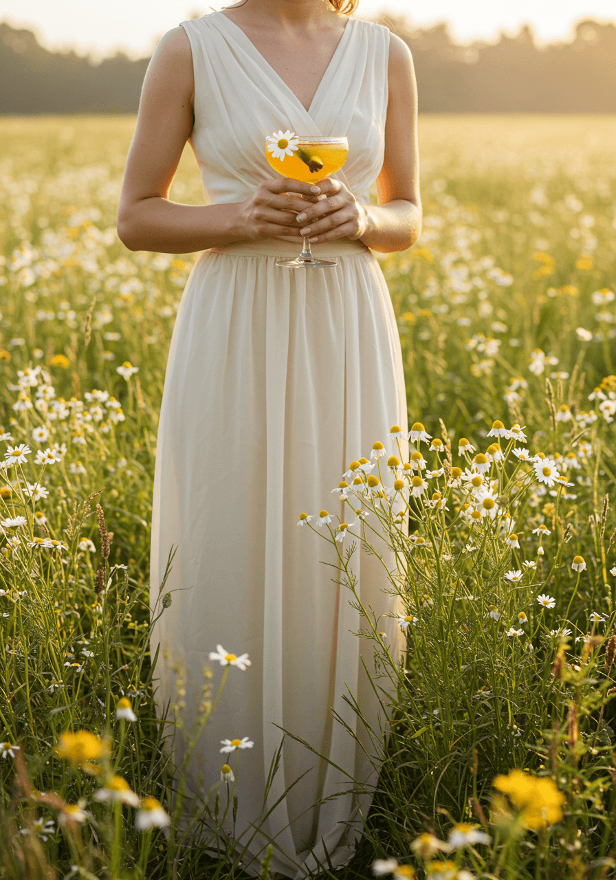 Bride in ivory chiffon dress holding chamomile bee's knees cocktail among blooming chamomile flowers in countryside meadow at dawn