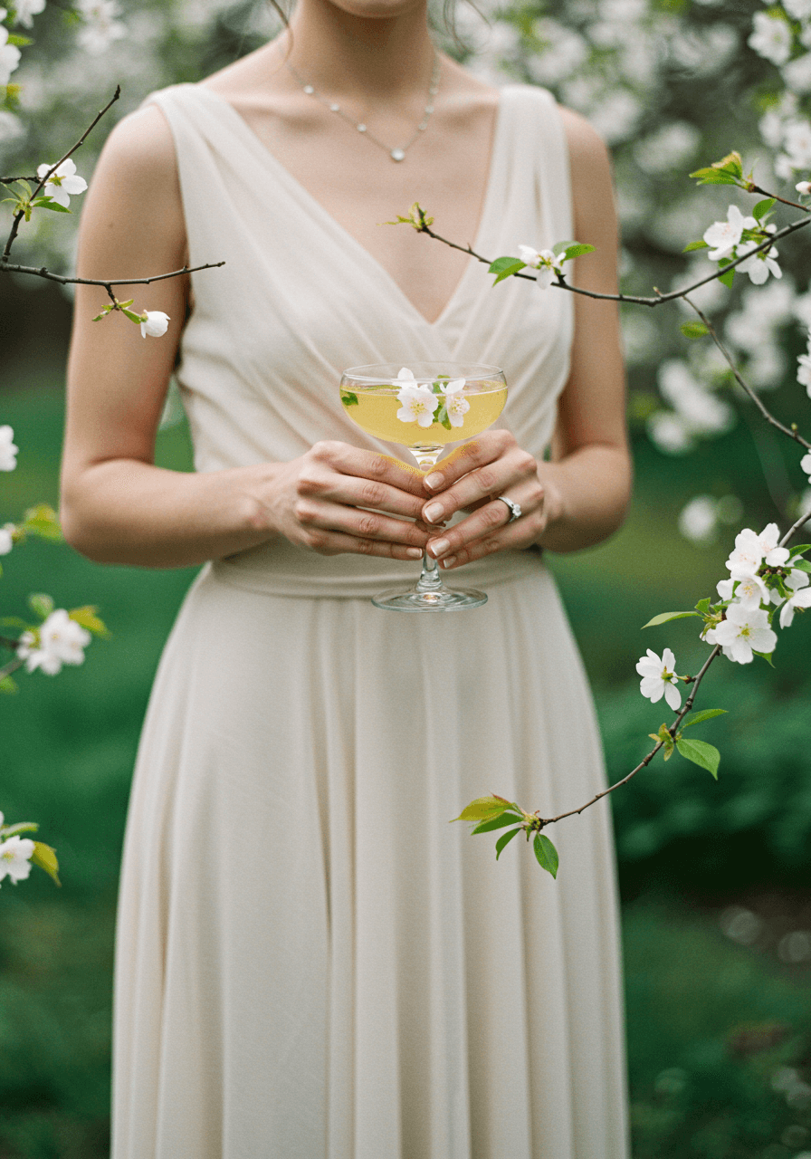 Bride in ivory chiffon dress holding jasmine-infused iced tea vodka cocktail in elegant coupe glass in blooming garden venue at afternoon