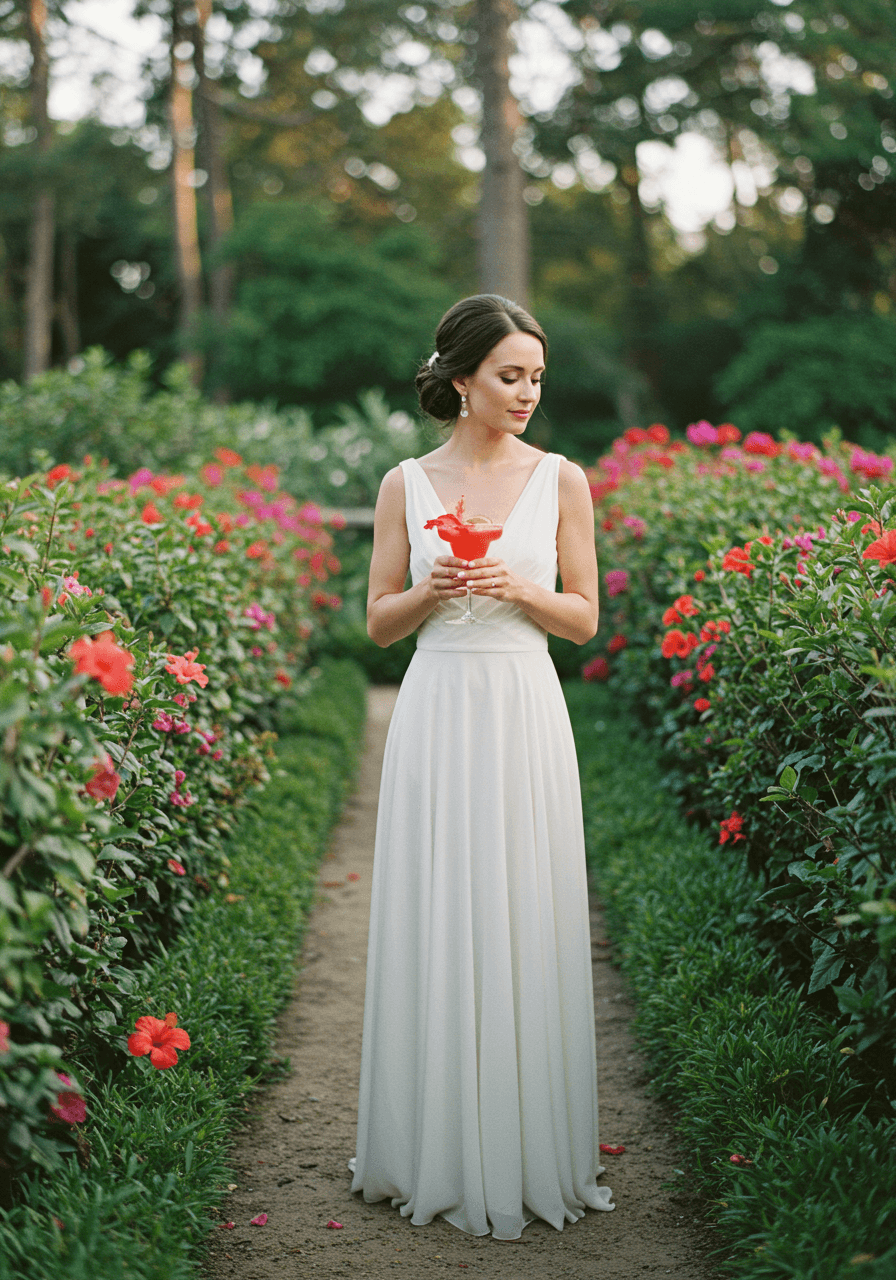 Bride in flowing chiffon wedding dress holding hibiscus margarita in lush garden with blooming flower beds at late afternoon