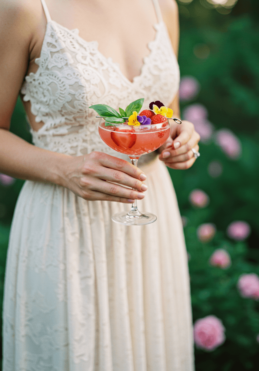 Bride in white sundress holding crystal coupe with pink strawberry basil smash cocktail garnished with edible flowers in spring garden at golden hour