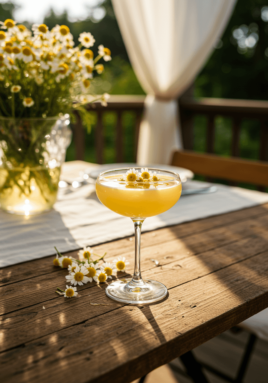 Chamomile and honey bee's knees cocktail in coupe glass with fresh chamomile garnish on rustic wooden table in sunlit garden pavilion