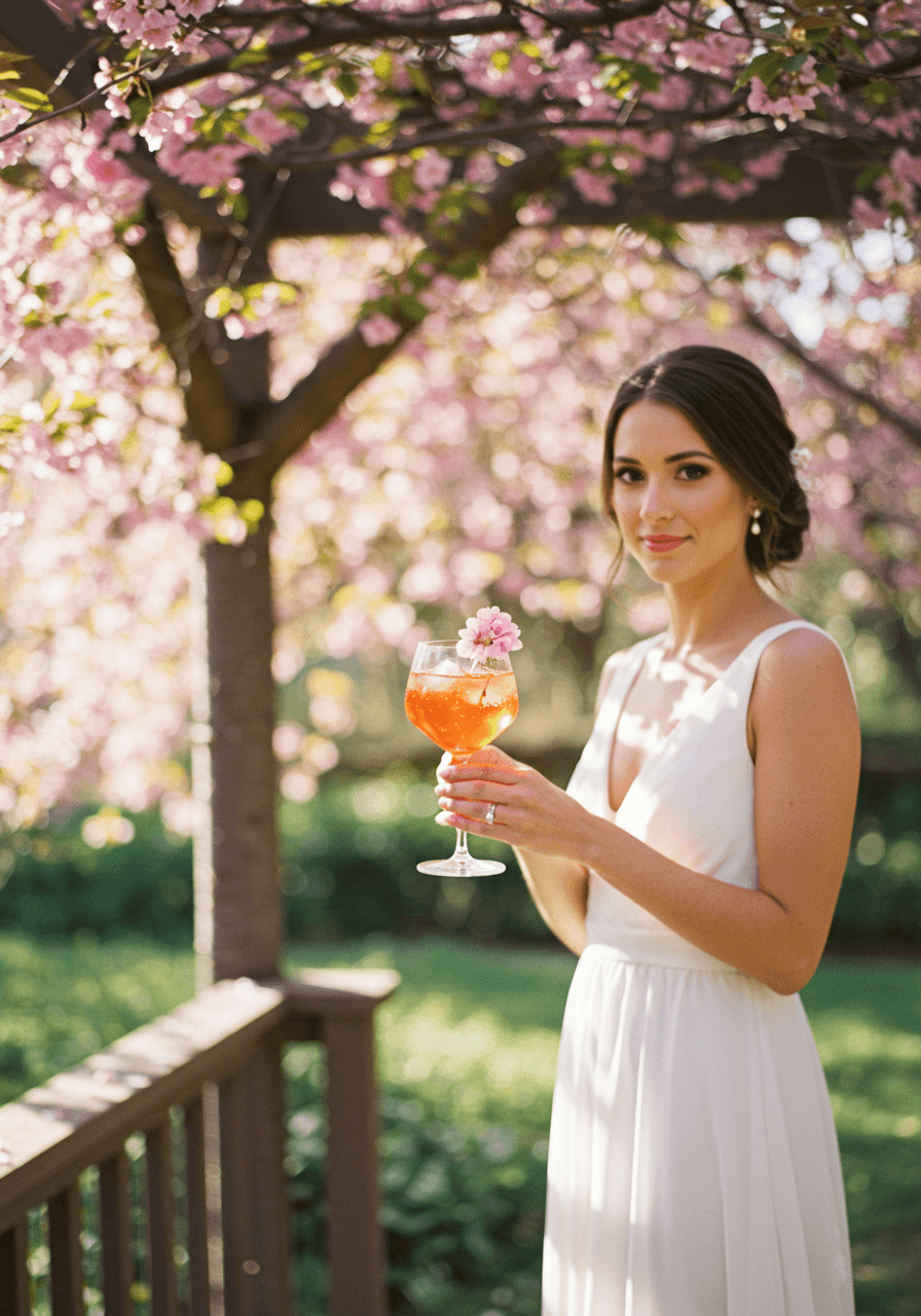 Bride holding pink rosé spritzer with floating cherry blossoms in sunlit garden pavilion under blooming cherry trees at golden hour