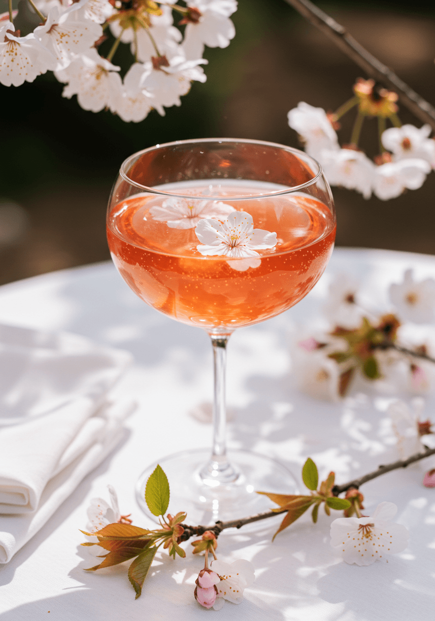 Crystal coupe glass filled with blush pink rosé spritzer and floating cherry blossom petals on white linen table with cherry blossom branches