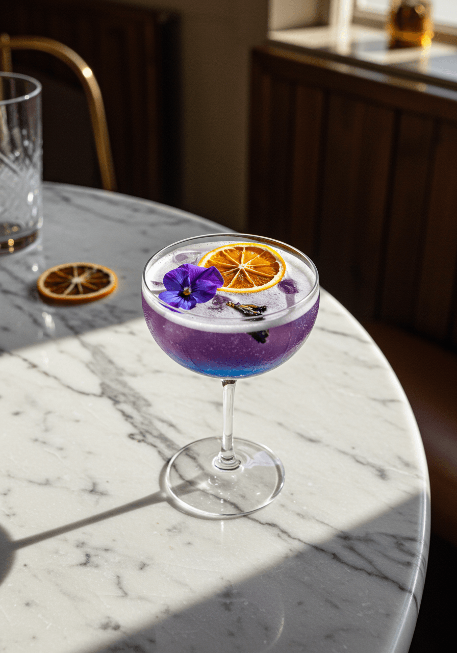 Overhead view of butterfly pea flower gin sour showing dramatic colour transformation from pale yellow to violet purple