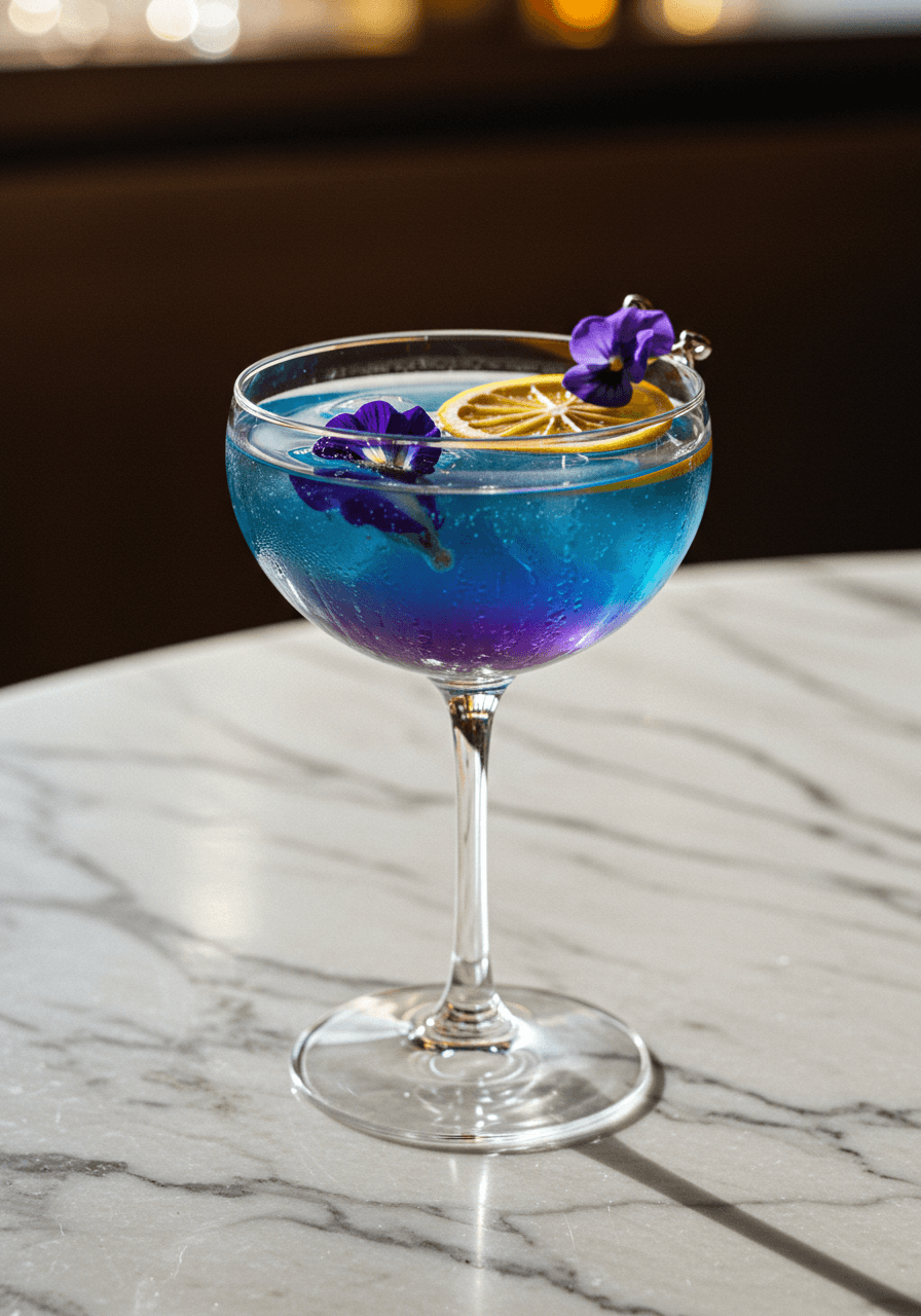 Colour-changing gin sour cocktail with butterfly pea flower creating purple and blue gradients in elegant coupe glass on marble bar at golden hour