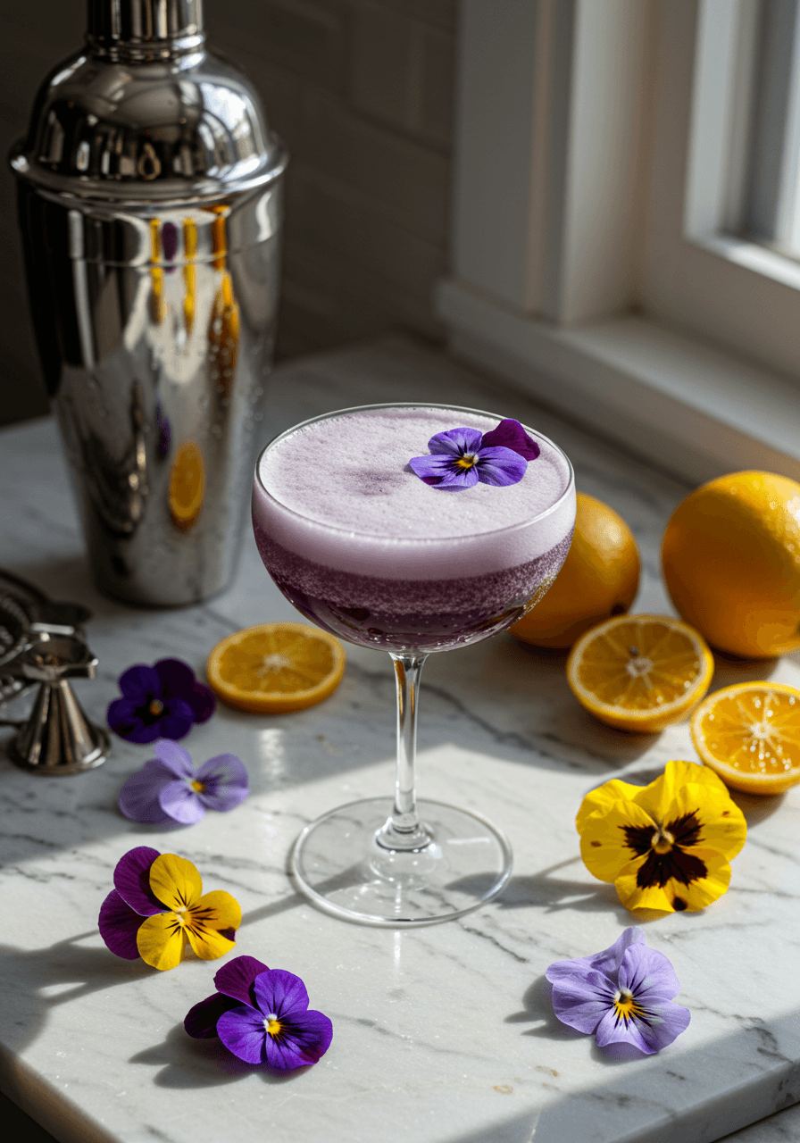 High angle view of colour-changing pansy gin sour cocktail with fresh purple and yellow pansies and citrus slices on white marble
