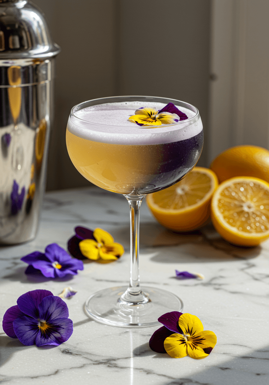 Crystal coupe glass showing dramatic colour change from pale yellow to violet purple with edible pansy garnish surrounded by fresh pansies on marble bar