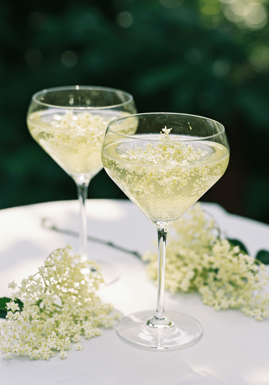 Two crystal champagne flutes filled with elderflower prosecco and floating elderflower blooms on white linen in outdoor spring wedding
