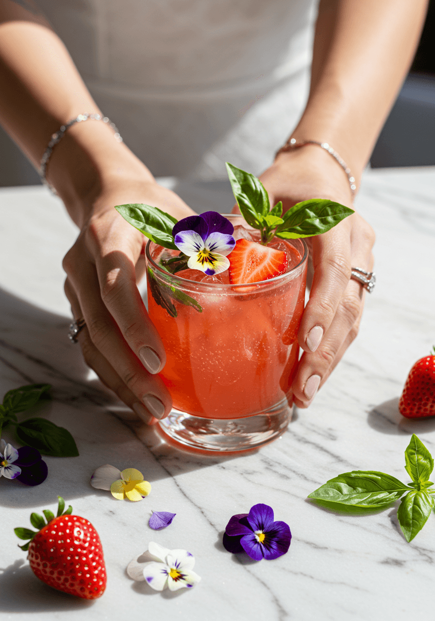 Bridal hands with delicate jewellery holding strawberry basil smash cocktail with edible flowers on white marble bar in bright daylight