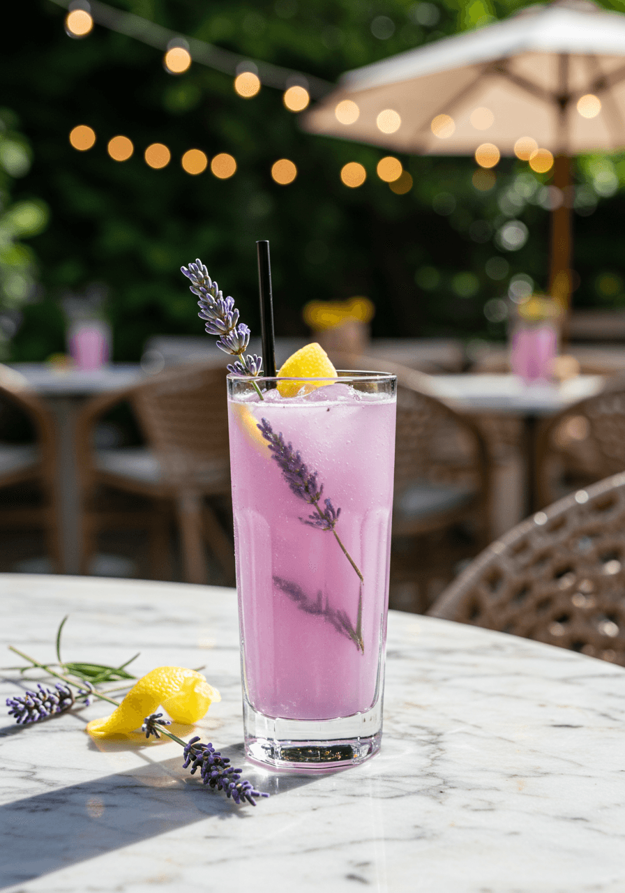 Lavender cocktail in tall Collins glass with fresh lavender garnish on marble bar at golden hour garden venue
