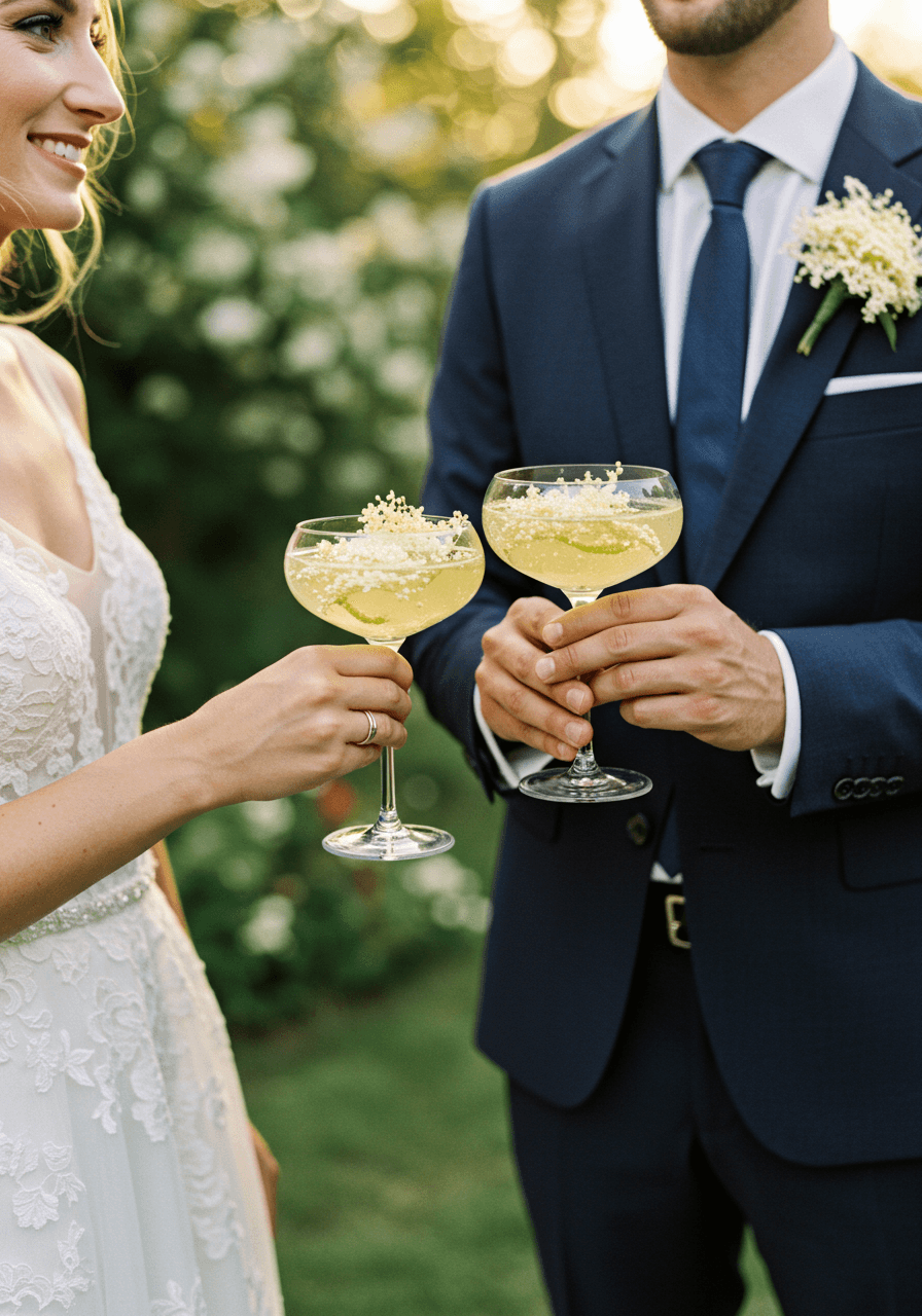 Bride and groom holding elderflower prosecco cocktails with fresh elderflower garnish in blooming garden at golden hour